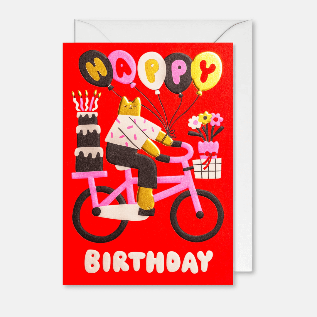 Happy Birthday Cycling Cat Greetings Card