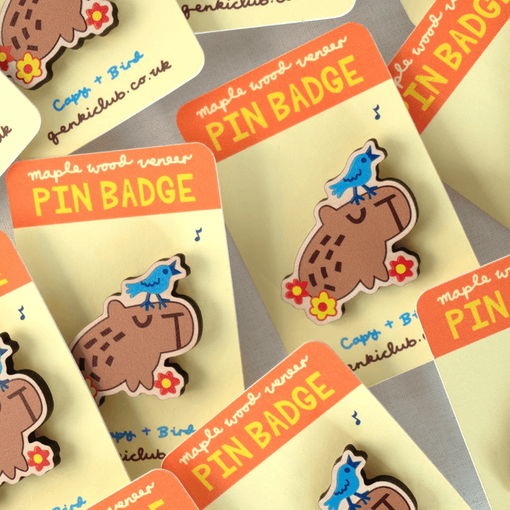 Capy & Bird Wooden Pin Badge