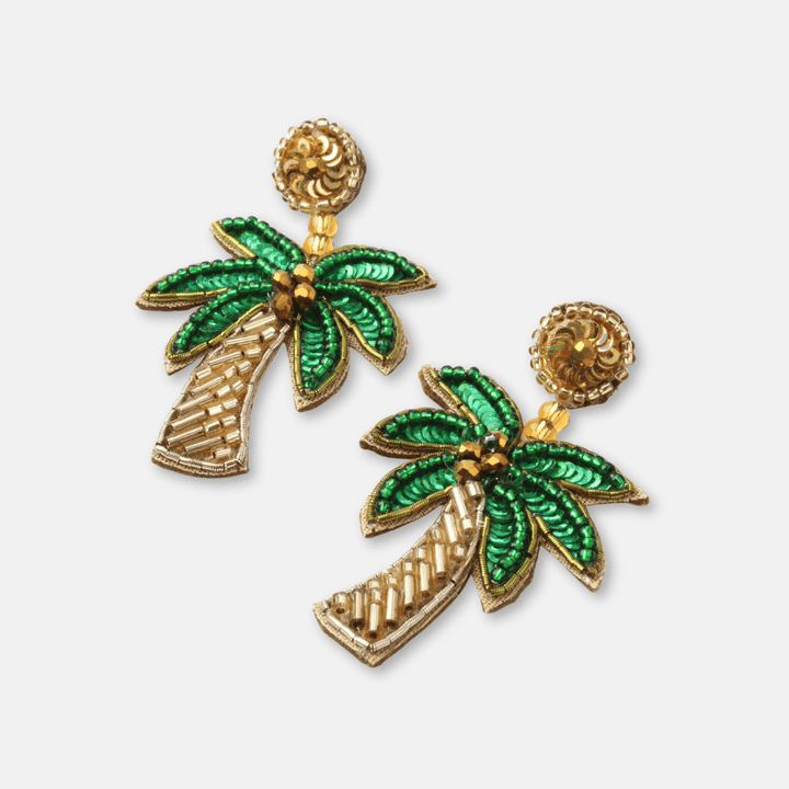 Green & Gold Palm Tree Beaded Earrings