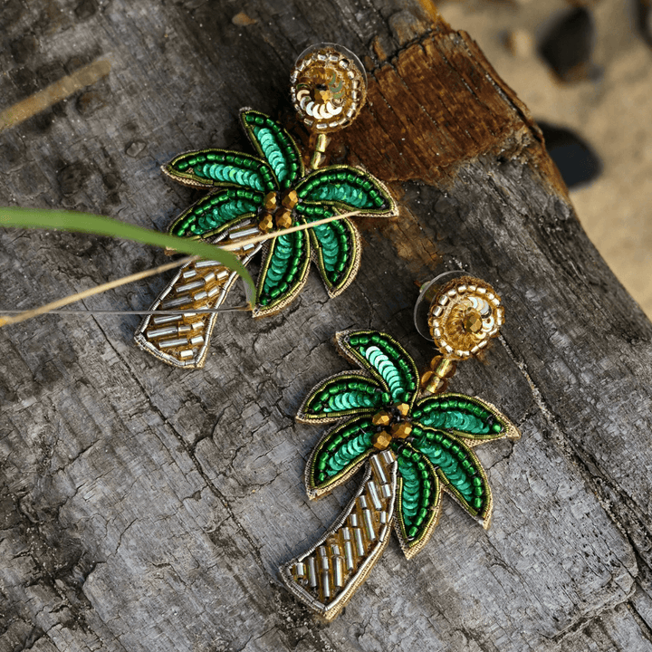 Green & Gold Palm Tree Beaded Earrings