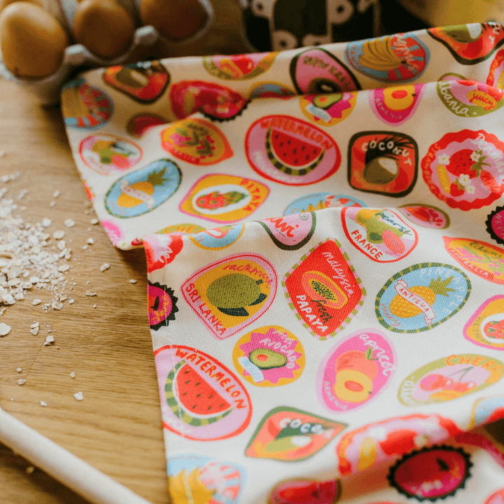 Fruit Stickers Organic Tea Towel