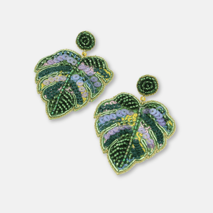 Monstera Leaf Beaded Earrings