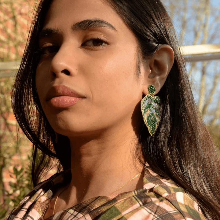 Monstera Leaf Beaded Earrings