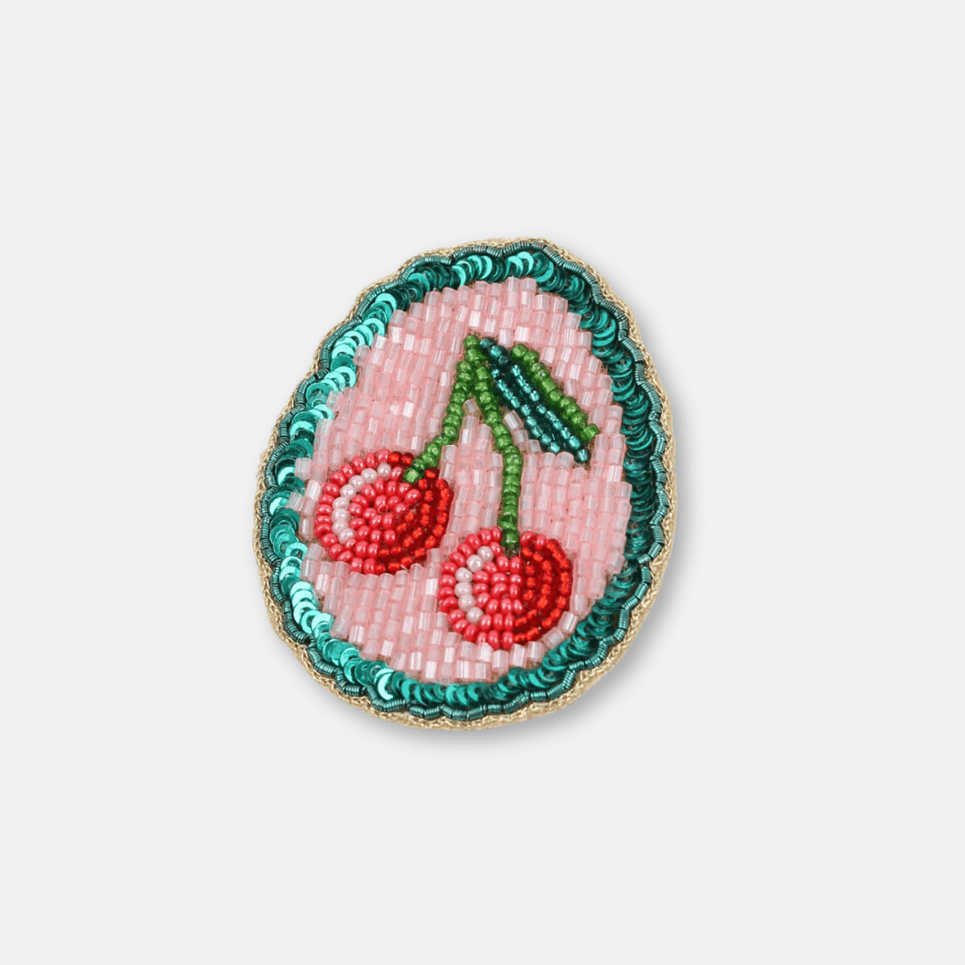 Teal and Pink Beaded Cherry Brooch