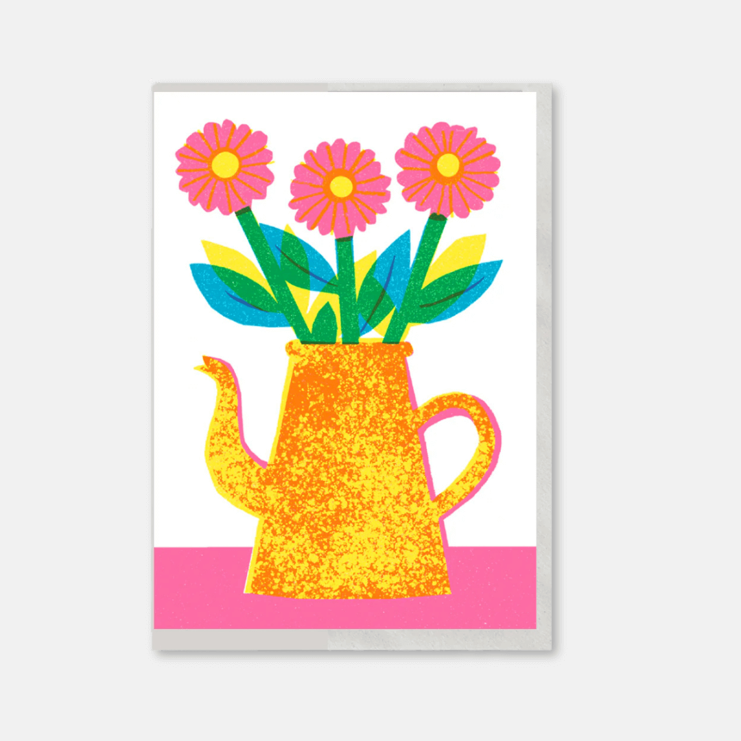 Coffee Pot Flowers Greetings Card