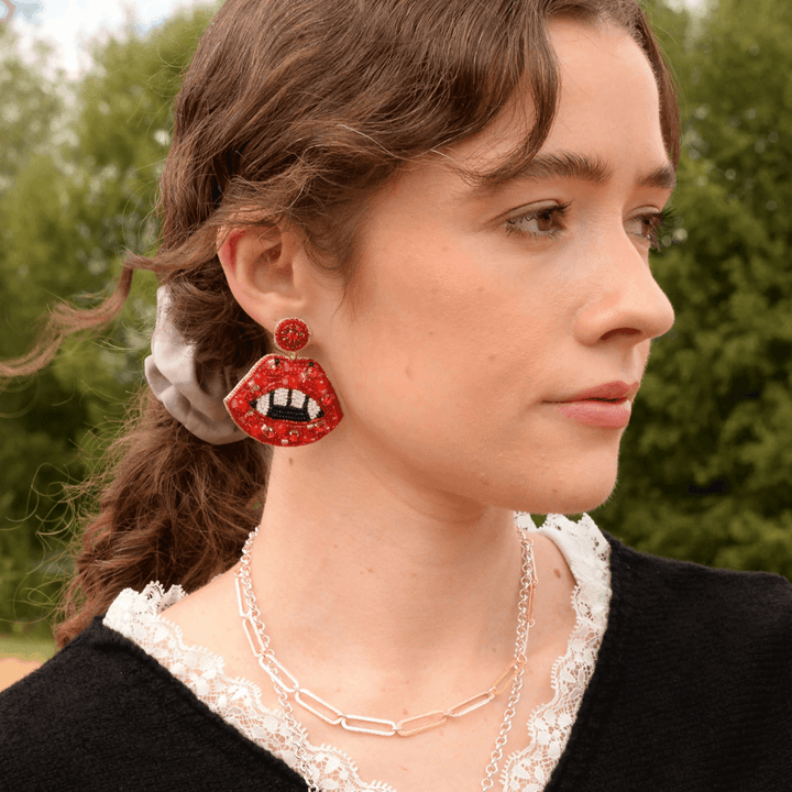 Red Fang Lips Beaded Earrings