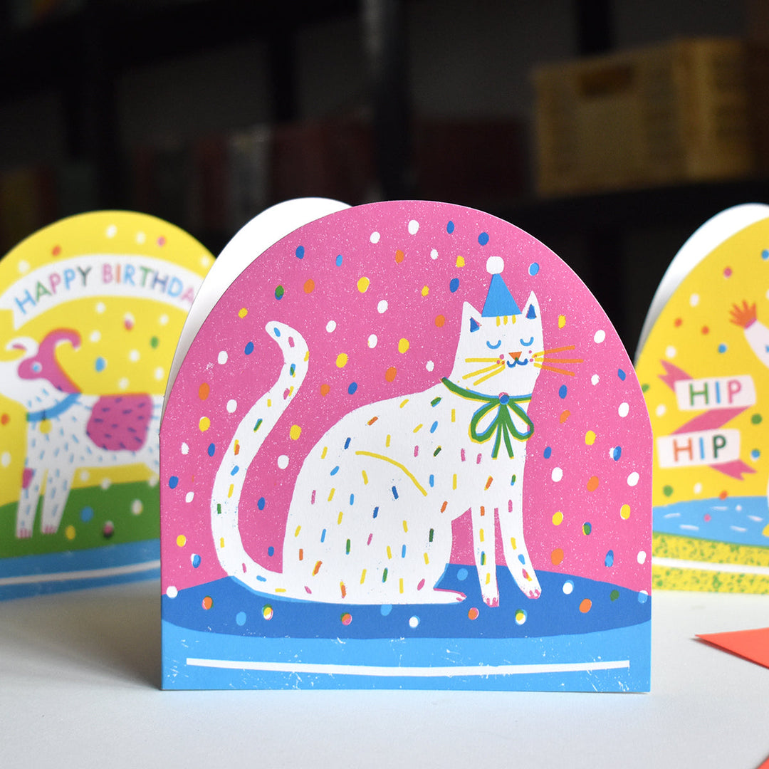 Party Cat Snowglobe Greetings Card