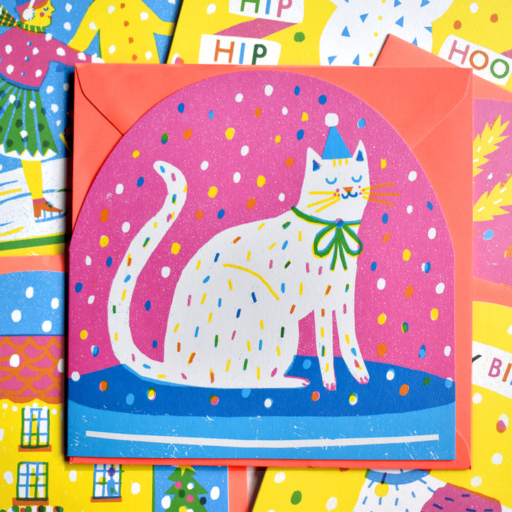 Party Cat Snowglobe Greetings Card